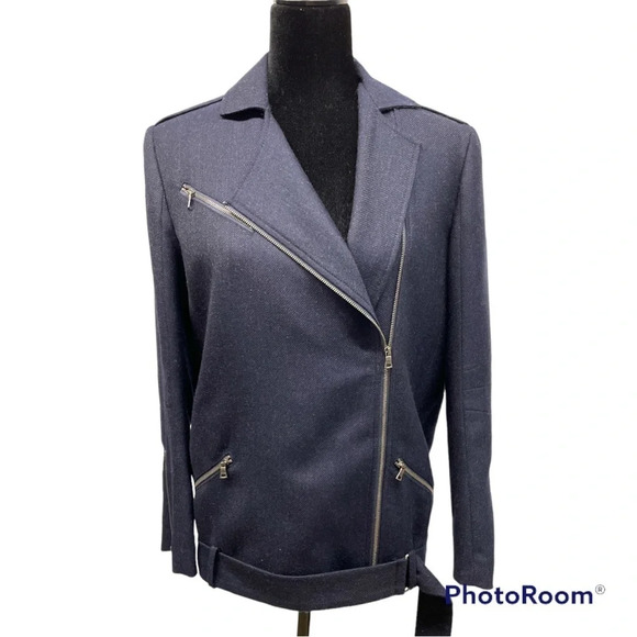 Jenni KayneWool Moto Jacket in Navy Silk Lined Minimalist Oversized